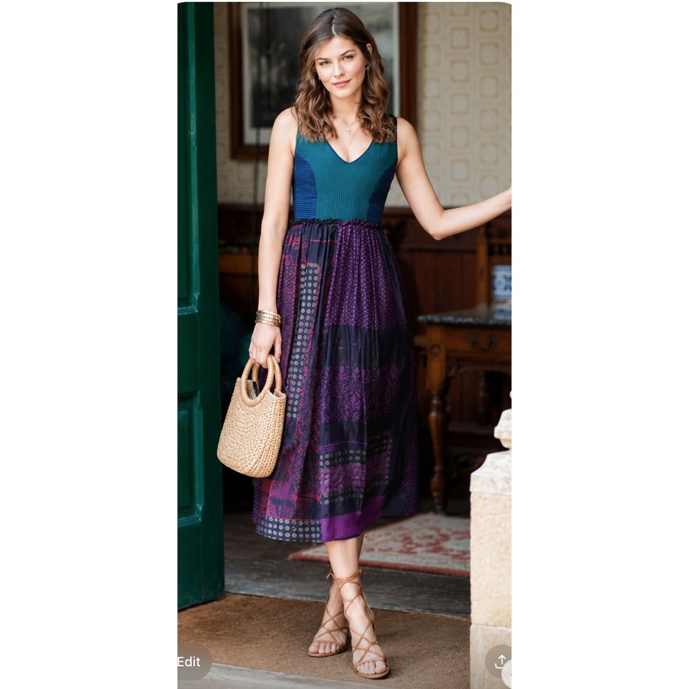 Niki‎ Mahajan Anthropologie Silk Patchwork Midi Dress Lace Quilted Whimsigoth 2